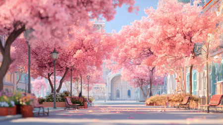 A beautiful urban spring scene featuring stunning cherry blossom trees in full bloom lining a tranquil pathway. Ideal for springtime themes.の素材