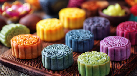 A beautiful assortment of vibrant mooncakes artfully displayed on a wooden tray, perfect for celebrating traditional Asian festivals and special occasions.の素材