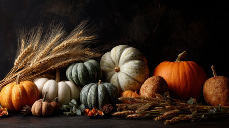 A beautifully arranged collection of pumpkins and autumn wheat set against a dark backdrop, creating a warm and inviting atmosphere for seasonal festivities.の素材