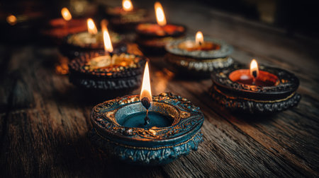 A collection of beautifully crafted colorful candles with flickering flames rests on a rustic wooden surface, creating a warm and serene ambiance.の素材