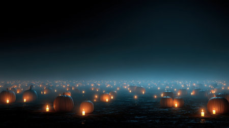 A mesmerizing scene of glowing pumpkins scattered across a foggy landscape, illuminated by candles, creating an enchanting Halloween atmosphere.の素材