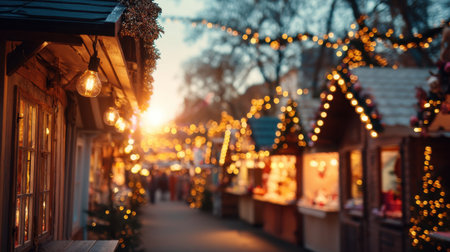 A charming Christmas market scene captured at dusk. Twinkling lights adorn cozy stalls, creating a warm and inviting atmosphere for visitors.の素材