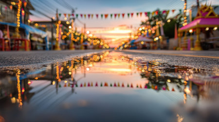 A captivating view of an empty street during a festive celebration, featuring vibrant puddle reflections of colorful lights and bunting under a warm sunset.の素材