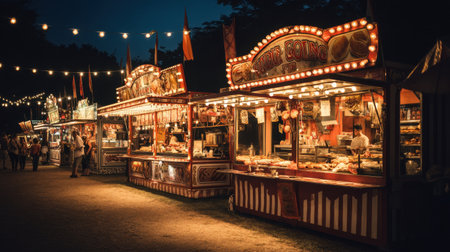 A lively outdoor market scene at night, showcasing vibrant stalls adorned with lights, offering a variety of delicious food options and a festive atmosphere.の素材