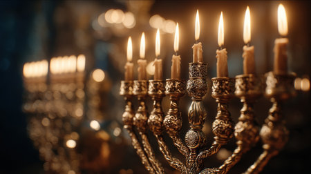 A stunning golden menorah stands elegantly, its candles glowing warmly in a softly lit environment, perfect for festive gatherings and spiritual reflection.の素材