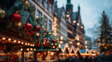 A picturesque Christmas market adorned with lush pine branches and vibrant red ornaments, surrounded by stunning architecture and warm festive lights.の素材