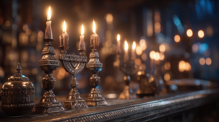 This captivating image showcases elegant vintage candle holders with flickering flames, creating a warm and inviting atmosphere, perfect for home decor.の素材