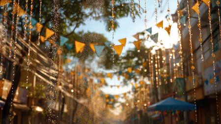 This captivating image showcases a vibrant street festival with colorful decorations, festive banners, and refreshing water spray, creating a joyful atmosphere.の素材