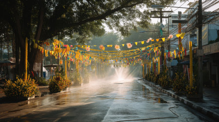 A peaceful urban street adorned with vibrant flags and flowers creates a festive atmosphere, enhanced by morning mist after rain.の素材