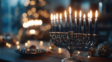 A stunning menorah with glowing candles illuminates a cozy room during Hanukkah. Surrounded by festive decorations, this scene captures the warmth and joy of this special celebration.の素材