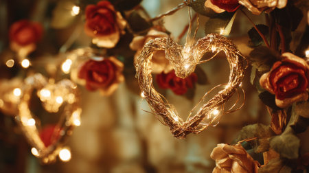 Discover a beautiful arrangement showcasing heart-shaped wreaths adorned with fairy lights and stunning red roses, perfect for creating a warm, romantic atmosphere.の素材