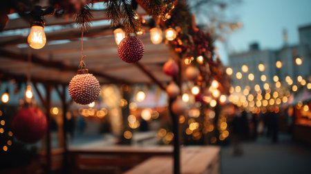 Discover a charming winter market filled with glowing lights and decorative ornaments, creating a magical and cozy atmosphere for festivities.の素材