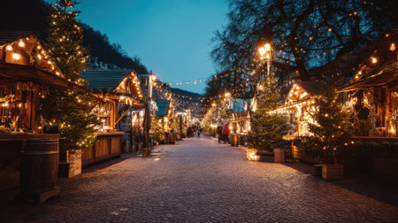 Experience the magic of a winter night market filled with twinkling lights and festive decorations, creating a warm and inviting atmosphere.の素材