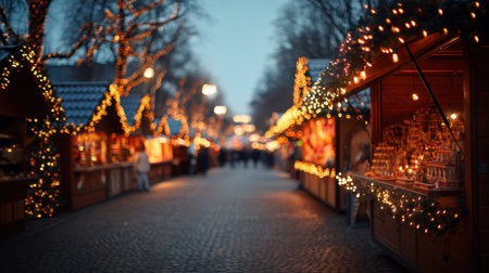 A beautiful winter evening scene featuring a street market adorned with glowing festive lights. The charming atmosphere invites visitors to enjoy shopping, local crafts, and holiday cheer in a picturesque setting.の素材