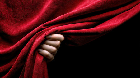 A close-up view of a hand gripping a rich red fabric curtain, creating a sense of anticipation and drama. The dark backdrop emphasizes the texture and elegance of the fabric, inviting viewer curiosity.の素材