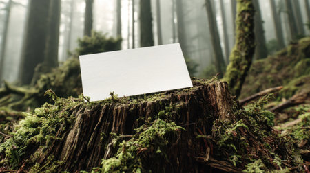 A blank card rests on a moss-covered tree stump in a tranquil forest, surrounded by lush greenery and soft natural light, perfect for any message.の素材