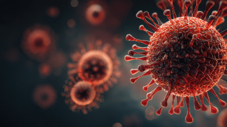Intricate close-up depiction of virus particles in striking red tones, set against a dark backdrop, ideal for medical and scientific content.の素材