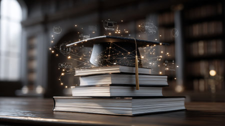 A graduation cap lies atop stacked books, surrounded by digital symbols, symbolizing the intersection of education and technology in a warm library ambiance.の素材