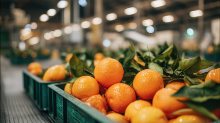 A close-up view of freshly harvested oranges with green leaves placed in crates inside a fruit packing facility, showcasing the vibrant colors and textures.の素材