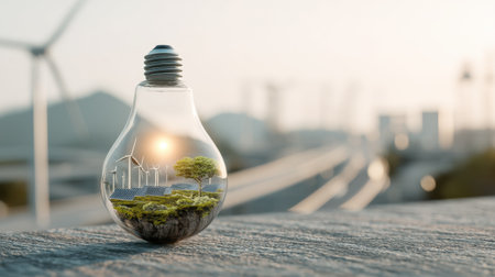 This visually striking image depicts a light bulb holding a miniature landscape with a tree, solar panels, and wind turbines, symbolizing sustainability.の素材