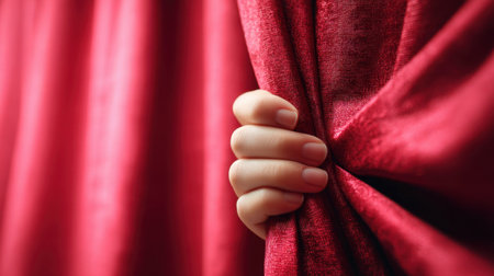 A close-up of a hand holding a rich red velvet curtain, showcasing the luxurious texture and inviting atmosphere for dramatic reveals.の素材