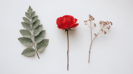 A stunning composition featuring a bold red rose, textured green leaf, and delicate dried flowers set on a clean white backdrop, ideal for nature lovers.の素材