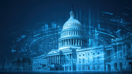 This image showcases a futuristic digital representation of the United States Capitol Building, enhanced with abstract blue data visualizations, creating a blend of history and modern technology.の素材