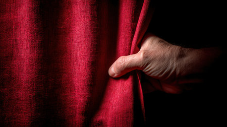 A close-up image of a hand gently parting a vibrant red curtain, emphasizing texture and contrast in dramatic lighting against a dark backdrop.の素材