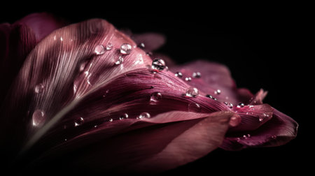 A stunning close-up of a flower petal adorned with water droplets, set against a dark background. This image captures the intricate details and textures of nature, evoking feelings of tranquility and elegance. Perfect for nature lovers and art enthusiasts alike.の素材