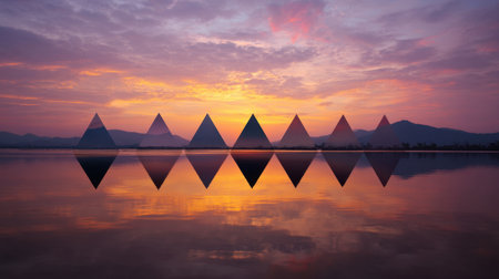 A breathtaking view of a serene sunset over a calm lake, featuring silhouetted pyramids mirrored in the water, creating a peaceful and inspiring atmosphere.の素材
