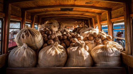 A vibrant image of a cargo truck filled with heavy sacks and bags, showcasing an abundance of natural produce inside a rustic wooden interior.の素材