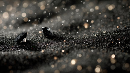 This captivating image showcases black gems resting on a dark, glittery surface with shimmering dust particles creating a mesmerizing bokeh effect, evoking a sense of luxury and elegance.の素材