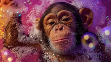 A delightful close-up of a baby chimpanzee lounging in a playful bubble bath. This charming primate showcases warmth and tranquility, perfectly framed by vibrant colors and soft foam.の素材