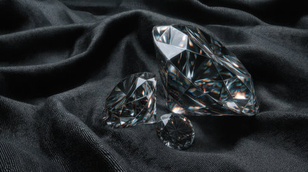 A stunning close-up photograph showcasing sparkling gemstones resting on luxurious black fabric, displaying the exquisite clarity and brilliance of the crystals.の素材