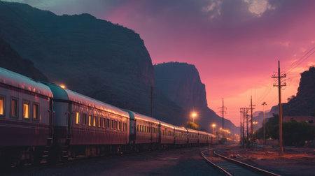 A tranquil scene featuring a train on a railway surrounded by majestic mountains during sunset. The colorful sky enhances the serene atmosphere.の素材