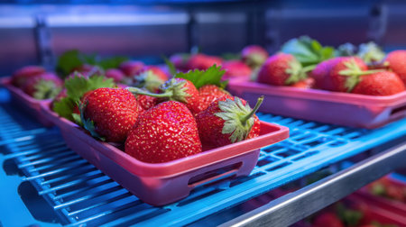 Close-up of fresh strawberries arranged in plastic trays inside a refrigerator, showcasing their vibrant colors and enticing appearance for a delicious snack or dessert option.の素材