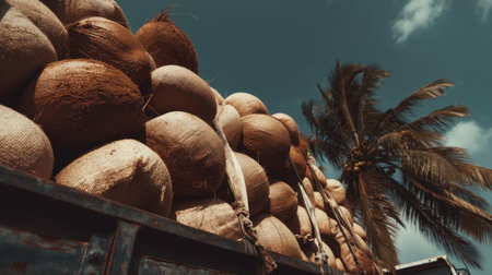 A striking image of burlap sacks stacked high on a truck, accented by a palm tree and a bright blue sky, capturing rural transportation.の素材