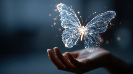 A breathtaking image captures a luminous butterfly hovering above an open palm, emitting sparkling trails of light that evoke a sense of magic and transformation.の素材