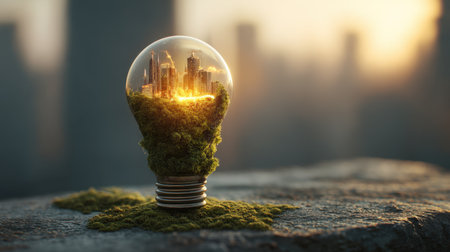 This artistic image represents the fusion of nature and urban development, showcasing a light bulb filled with a city nestled in lush greenery.の素材