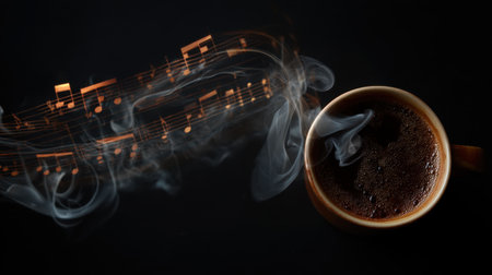 A captivating image featuring a steaming coffee cup with musical notes swirling above, perfect for inspiring creativity and warmth in artistic projects.の素材