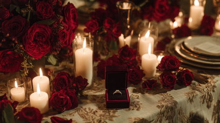 Capture the essence of romance with this elegant candlelit dinner setting featuring vibrant red roses and an engagement ring nestled among soft candlelight.の素材