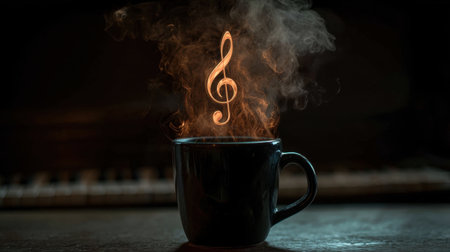 A captivating image featuring a coffee cup with musical notes rising from steam, creating an inviting and creative ambiance perfect for relaxation.の素材