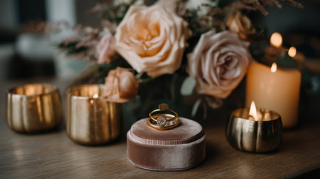 A stunning gold wedding ring rests on a soft velvet cushion, beautifully complemented by delicate roses and glowing candles, evoking romance and luxury.の素材