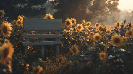 A serene wooden bench rests amid a blooming field of sunflowers, capturing the tranquil beauty of nature at sunrise, perfect for relaxation and reflection.の素材