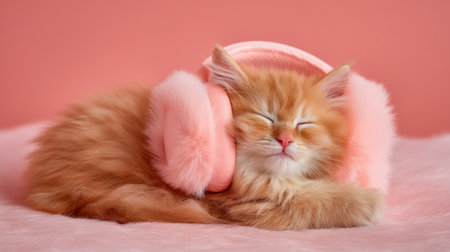 This captivating image features a fluffy orange kitten sleeping soundly while wearing pink earmuffs against a soft pink background, radiating warmth and cuteness.の素材