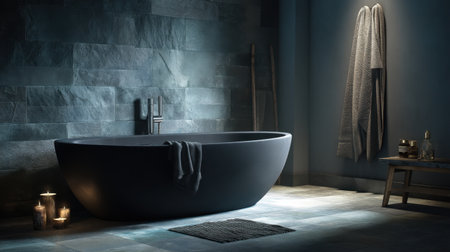 Discover a serene bathroom scene featuring a sleek freestanding bathtub surrounded by stone walls and soft lighting, perfect for relaxation.の素材