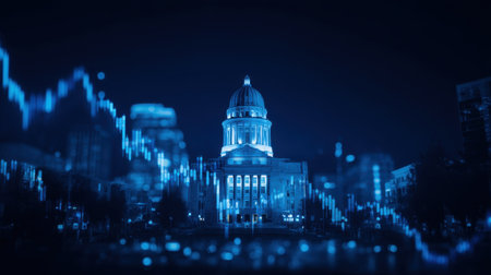 A striking image of a government building illuminated in blue with abstract financial graphs overlay, depicting a modern cityscape at night.の素材