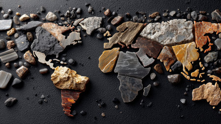 This stunning artwork features a world map creatively constructed using various natural stone pieces, showcasing diverse textures and colors on a black surface.の素材