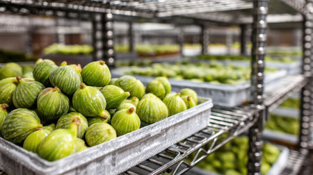 Rows of vibrant green figs are neatly arranged in trays on metal shelving, showcasing their freshness and appeal for markets or culinary use.の素材