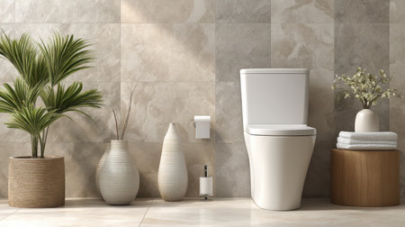 This image captures a modern bathroom interior featuring a stylish toilet, elegant plants, and tasteful decor, creating a serene atmosphere.の素材